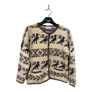 Vintage Purple and Cream Cardigan Sweater - 100% Alpaca Wool